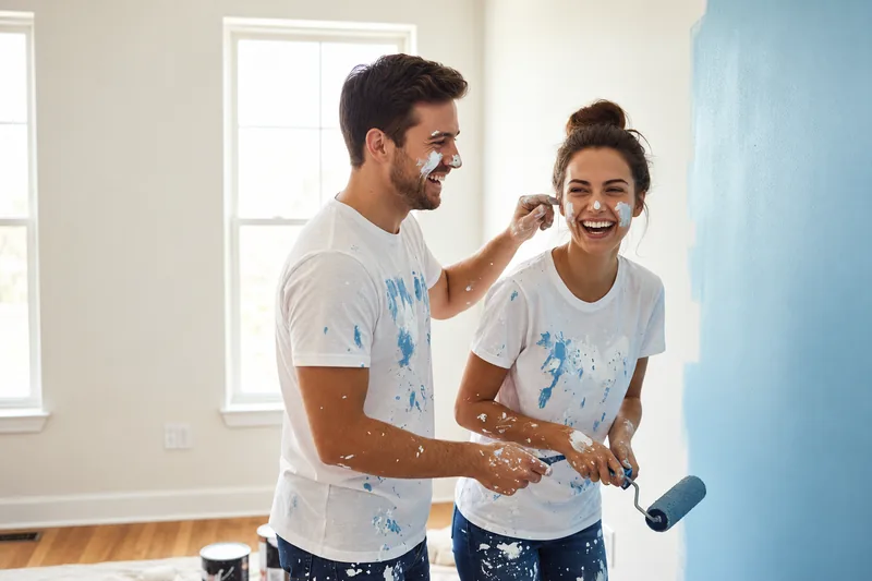 Young couple painting their new Omaha home together, representing families Depke Insurance Agency serves
