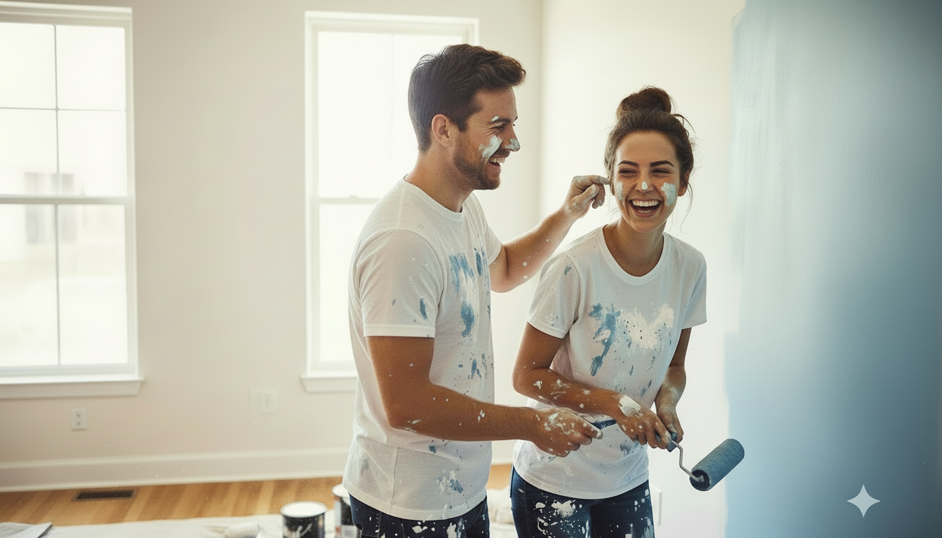 Young couple painting their new Omaha home together, representing families Depke Insurance Agency serves